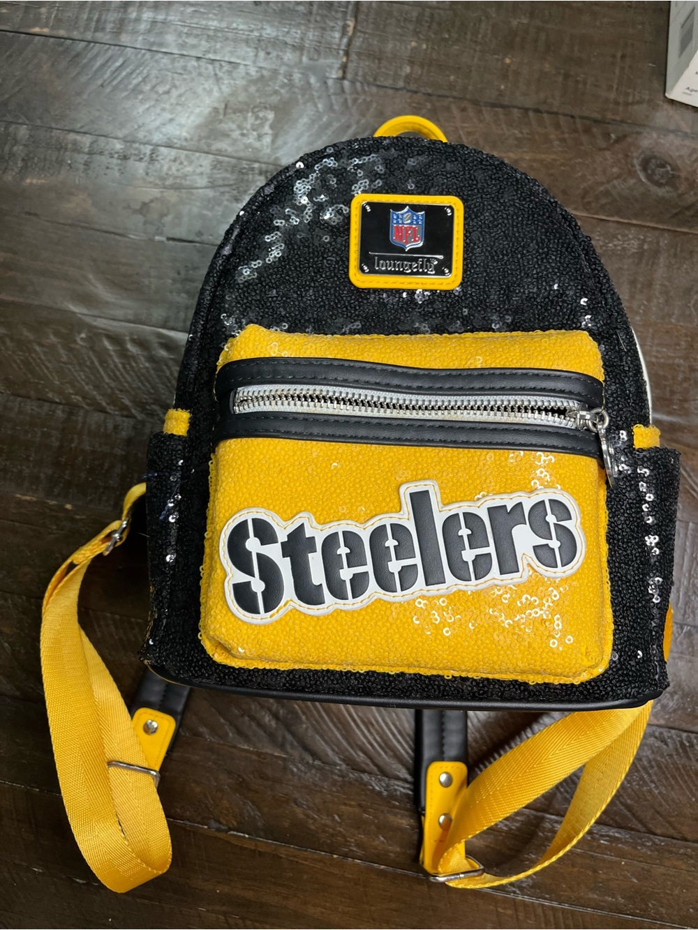 NFL Loungefly Pittsburgh Steelers Sequin Mini Backpack and wallet Black & Yellow